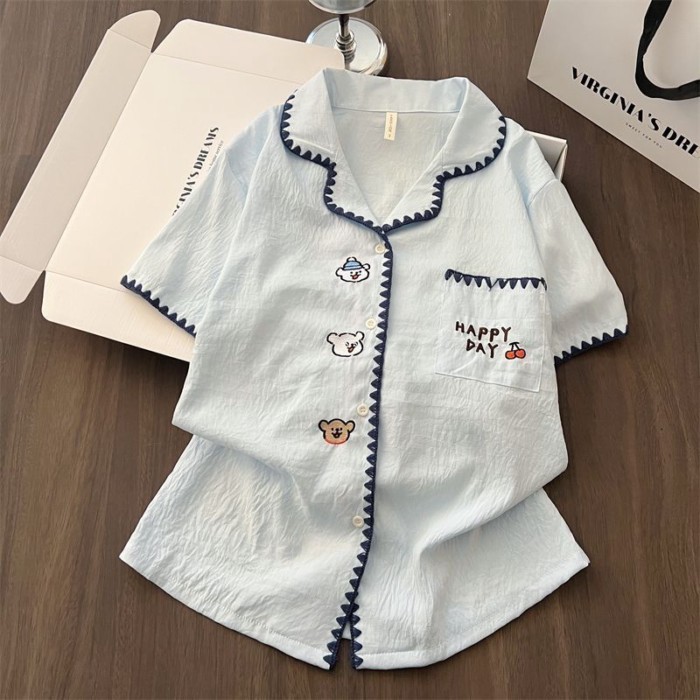 nguyên chất cotton hoạt hình thêu Bộ đồ ngủ cho nữ mùa hè mới quần short ngắn tay dễ thương m