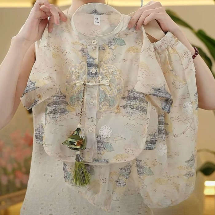 Hanfu Trung Quốc Trẻ Em Bé Trai Áo Đường Mỏng Mới Thêu Nút Cài Áo Trên Phong Cách Trung Hoa