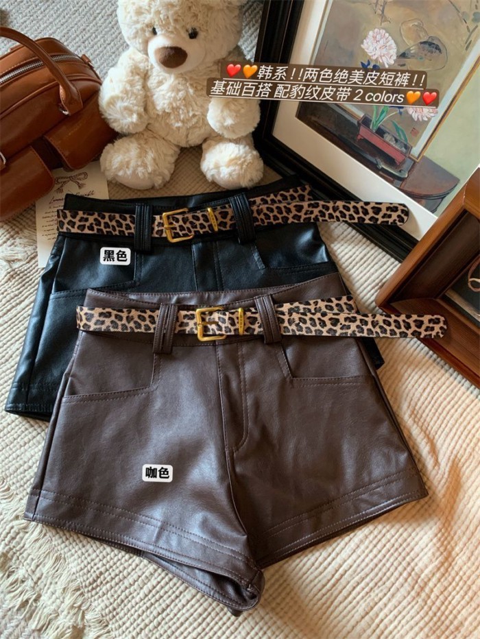 Mỹ Retro Da Báo Cổ Quần Short Da PU Nữ Xuân Thu Đi Lại Hông Chữ A Quần Hot