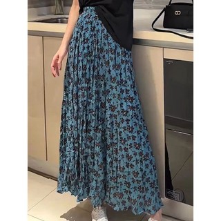 Váy hoa xếp li kiểu cổ điển cho nữ Xuân Thu Pháp Phong cách mới Eo đàn hồi Giảm béo Váy xòe lớn