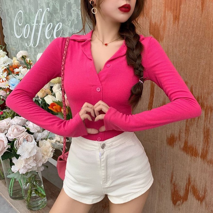 Áo thun dài tay cổ polo dành cho nữ mùa thu đông kiểu dáng mới, vừa vặn và đáy trong đa năng