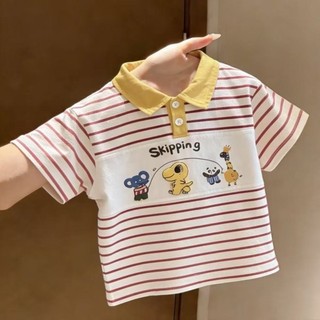 mùa hè mới phong cách Hàn Quốc bé trai và bé gái áo thun polo sọc hoạt hình dễ thương vá ve áo á