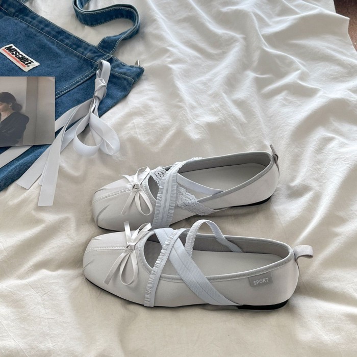 Màu Xám Retro Quai Nơ Phong Cách Ballet Mary Jane Giày Nữ Đế Bằng, Miệng Dẹt Giày Đơn