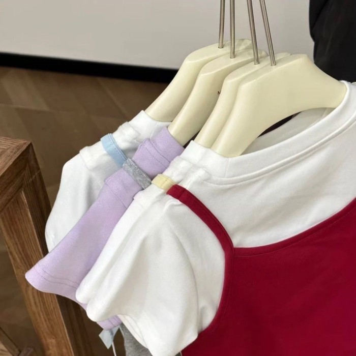 Girls Summer New Korean Style Fake Two-Piece Versatile Cotton T-Shirts Fashionable Baby Girls