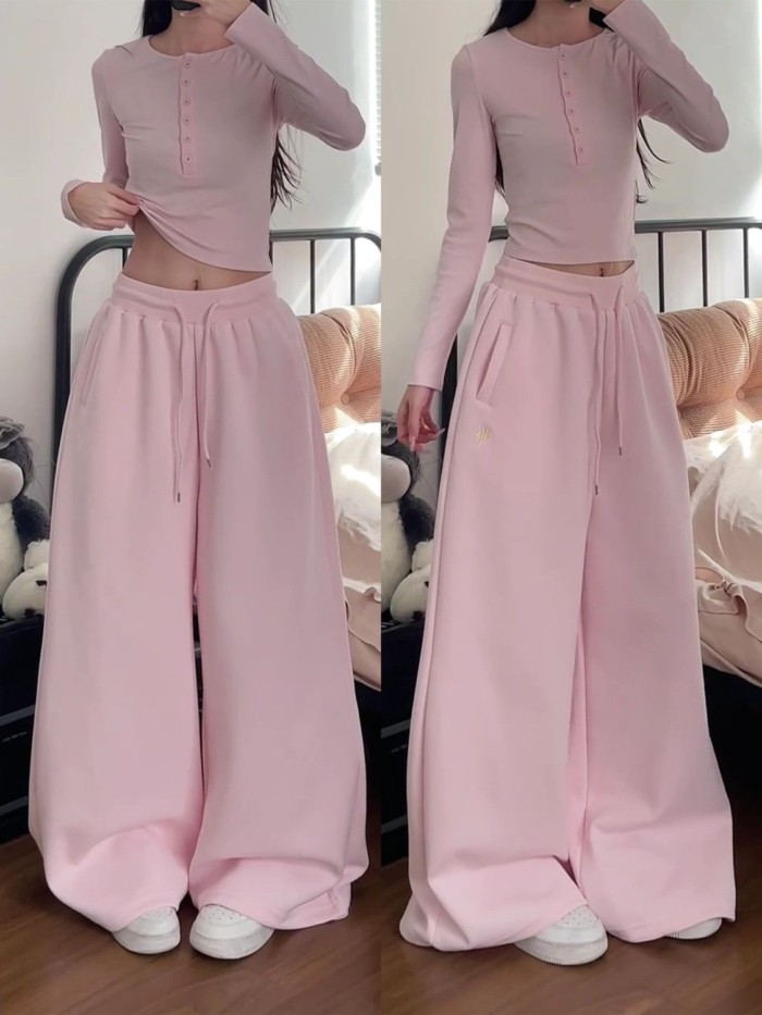 quần ống rộng lưng cao màu hồng ngọt ngào dành cho nữ có dây rút thả quần thể thao quần ống rộng
