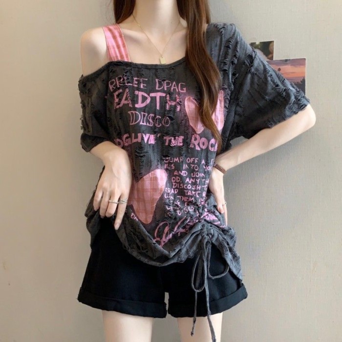 Kích thước lớn lỗ bướm vá áo thun ngắn tay dây rút dành cho nữ mới dáng rộng hàng đầu giảm bé