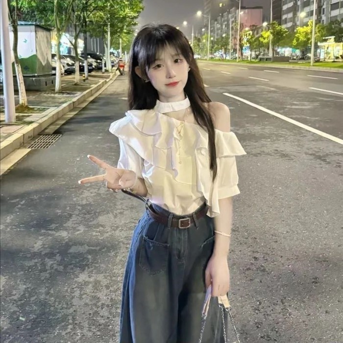 Áo sơ mi trễ vai trễ vai cao cấp dành cho nữ với áo dáng rộng phong cách Pháp