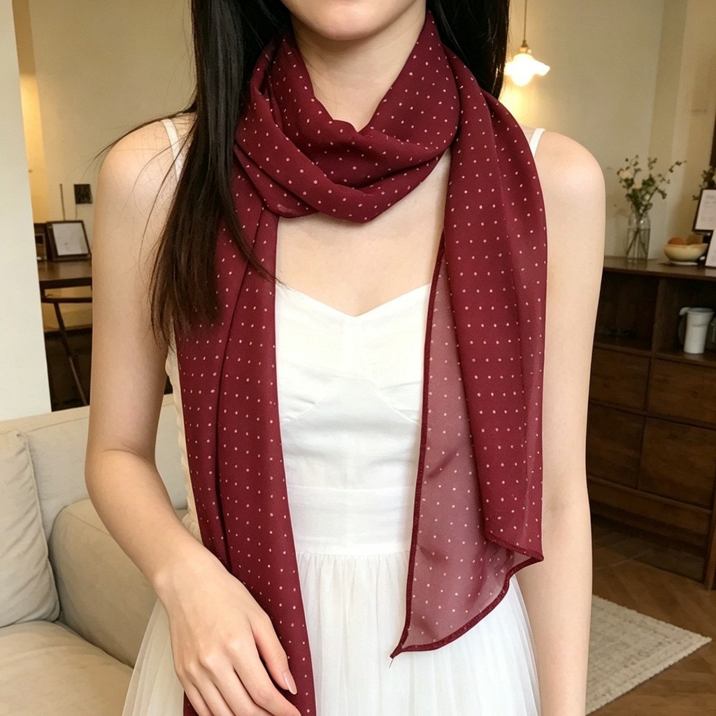 Khăn lụa chấm bi màu đỏ, phong cách mới, dùng làm quàng cổ hoặc băng đô