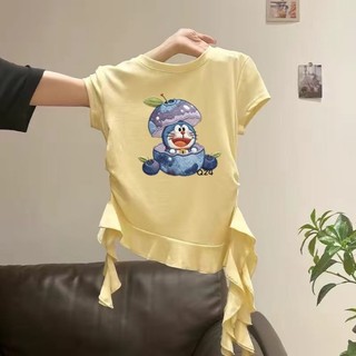 Bé gái cổ tròn, vai phải, áo thun ngắn tay kiểu dáng mùa hè, viền không đều, áo nhún bèo dáng ôm