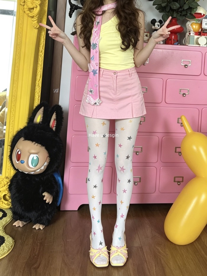 Quần Legging Mỏng Y2K với Thiết kế Ngôi Sao Đầy Màu Sắc, Phong Cách Ngọt Ngào Cá Tính