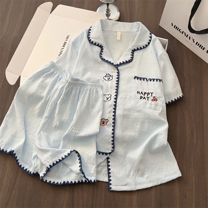 nguyên chất cotton hoạt hình thêu Bộ đồ ngủ cho nữ mùa hè mới quần short ngắn tay dễ thương m