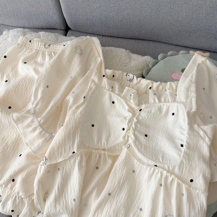 Bộ đồ ngủ mèo KT cotton mềm mại mùa hè chấm bi dành cho nữ có miếng đệm ngực, tay ngắn, phần mỏng,