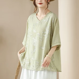 Oladivi Plus Size Thời Trang Nữ Áo Sơ Mi Tay Ngắn Dáng Rộng Áo Mùa Hè Top Blusas 1921 D070