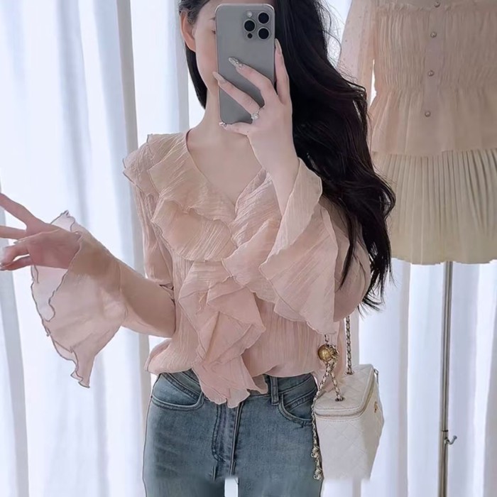 Áo sơ mi nhún bèo hồng nhẹ nhàng độc đáo tay dài Áo sơ mi voan ngọt ngào kiểu Pháp mặc bên ng