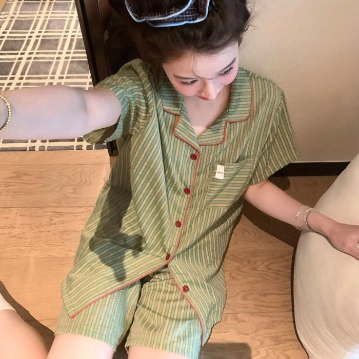 Contrast Color Striped Pajamas For Women Summer New Thin Comfortable Casual Short-sleeved Sho