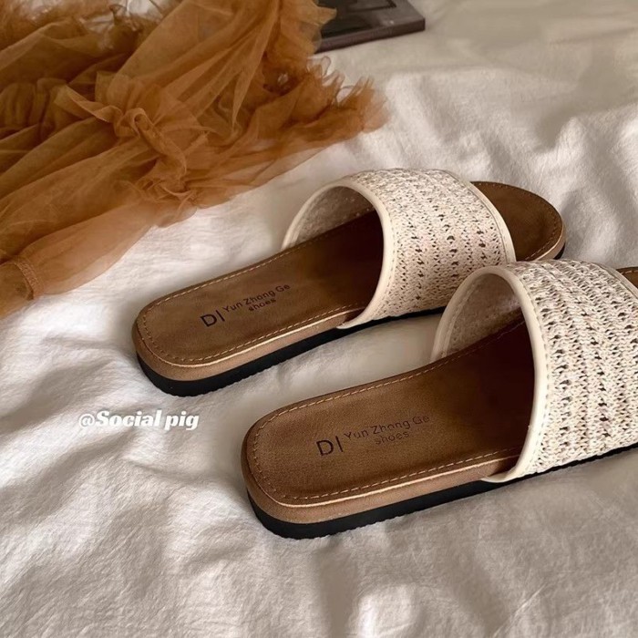 Xiaoxiangfeng Casual Woven Flat Sandals For Women Summer Outerwear Beach Vacation Flip-flops