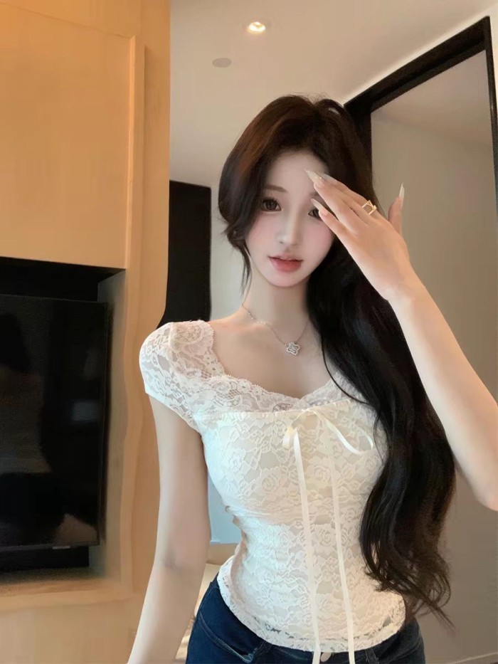 Áo thun ngắn tay kẹp eo đặc biệt đẹp dành cho nữ thiết kế mùa hè ren tinh khiết quyến rũ vòng