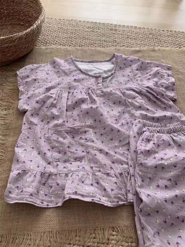 Bộ Đồ Ngủ Họa Tiết Hoa Màu Tím Ngọt Ngào Nữ Nhật Bản Tươi Ngắn Tay Quần Short Có Thể Mặc Bên