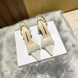 Giày cao gót mũi nhọn nhỏ màu trắng giày cao gót đế đơn mùa xuân hè Giày sandal mũi nhọn kiểu Pháp