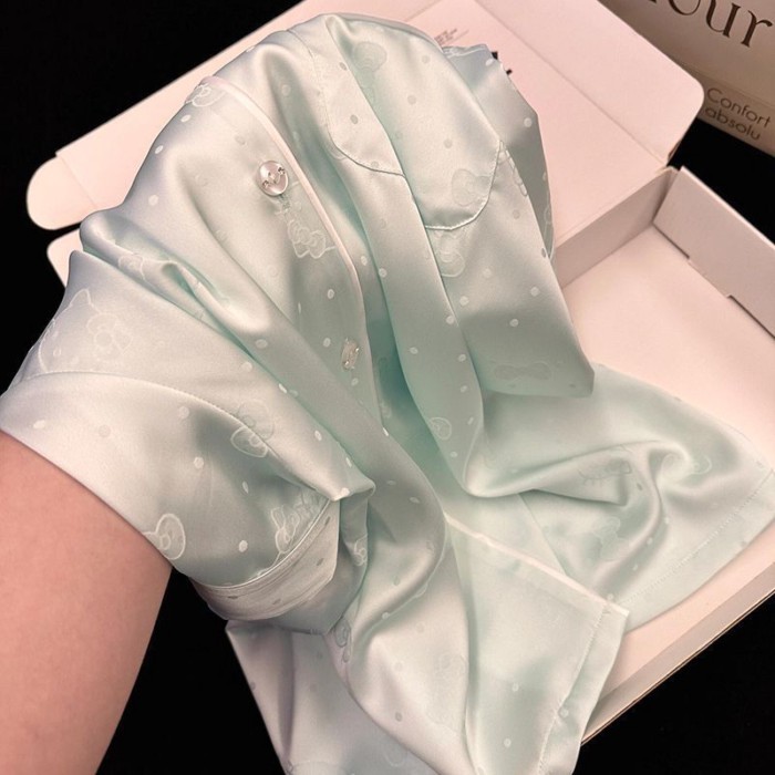 Ice Silk Bộ Đồ Ngủ Mát Mẻ của Phụ Nữ Mùa Hè Ngắn Tay Quần Short Mỏng Sweet Kitten Loose Home Quần Á