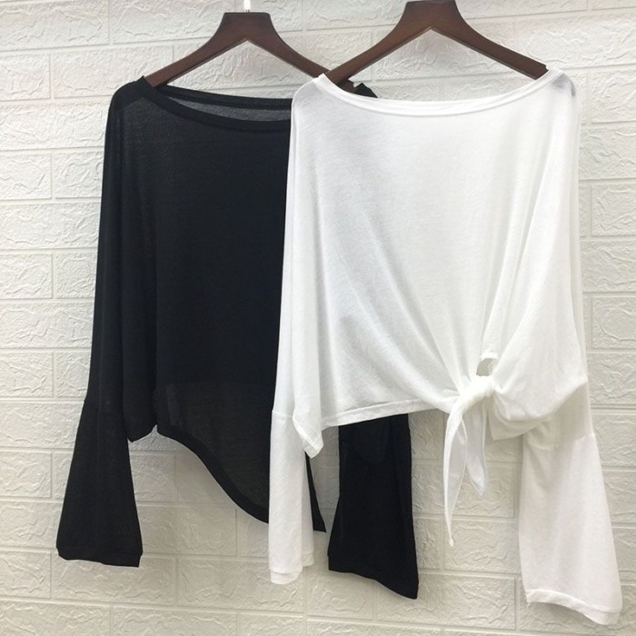 Ice Silk Nữ Mùa Hè Xẻ Không Đều Mới Mỏng Dài Tay Áo Rời Áo Top