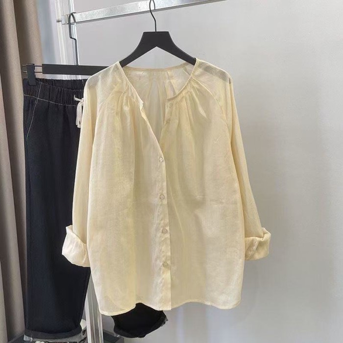 Áo sơ mi cotton và vải lanh nữ dài tay mùa hè mới cao cấp cổ tròn áo sơ mi màu xám nhẹ chống