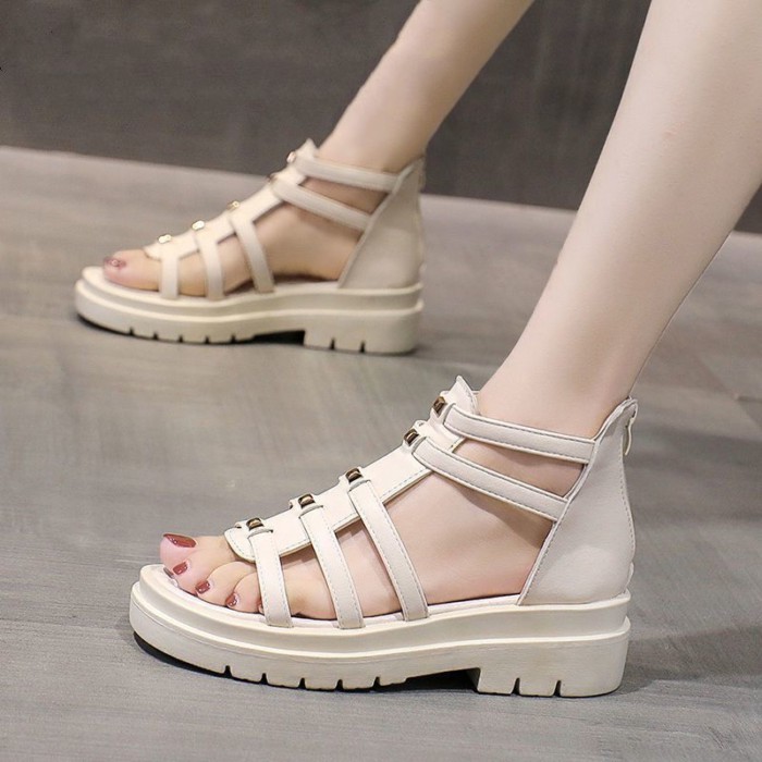 Mùa hè Hàn Quốc mới giày cao gót đế dày đế bánh sandal hở mũi kiểu La Mã thời trang dành cho nữ