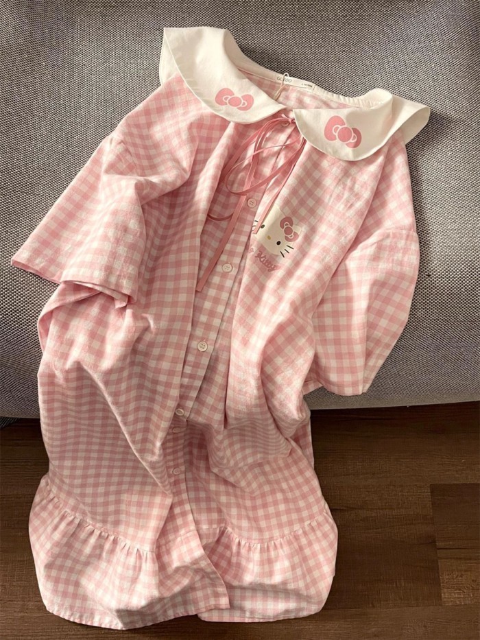 Bộ đồ ngủ mèo KT dễ thương và ngọt ngào, váy ngủ ngắn tay cổ búp bê kiểu mới mùa hè dành cho nữ, vá