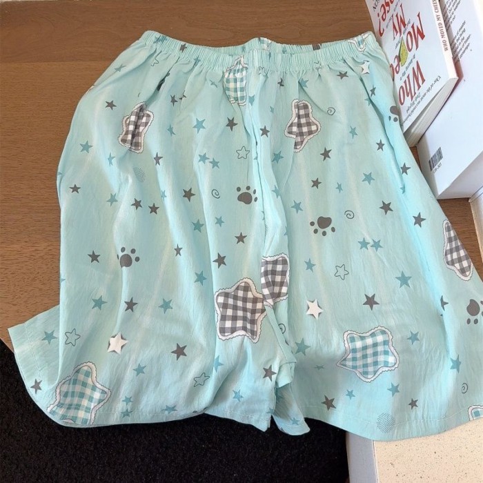 Phong Cách Văn Học Cloud Cotton Mùa Hè Xanh Bạc Hà Ngôi Sao Cardigan Bộ Đồ Ngủ Nữ Ngắn Tay Qu