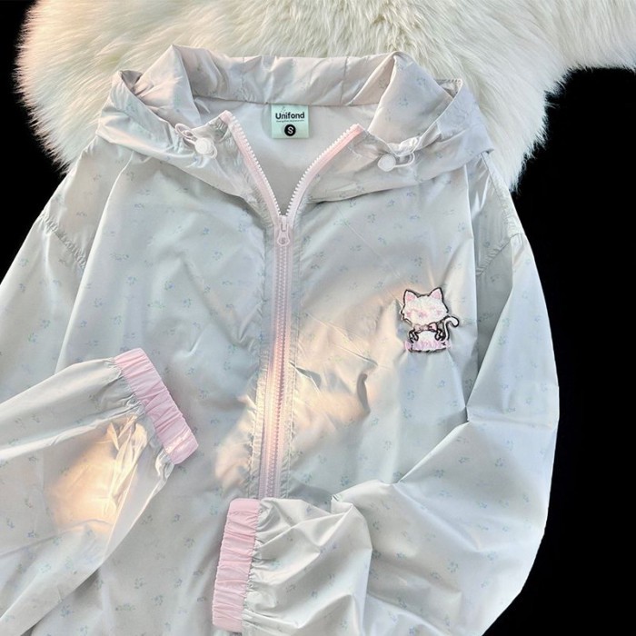 American Cute Floral Sun Protection Jacket For Women Summer Thin Cardigan Women's Hooded High