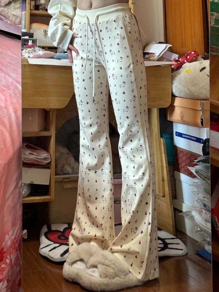 New Style Boot-cut Pants For Women, Cartoon Animal Print, High-waisted, Slim, Versatile, Fash