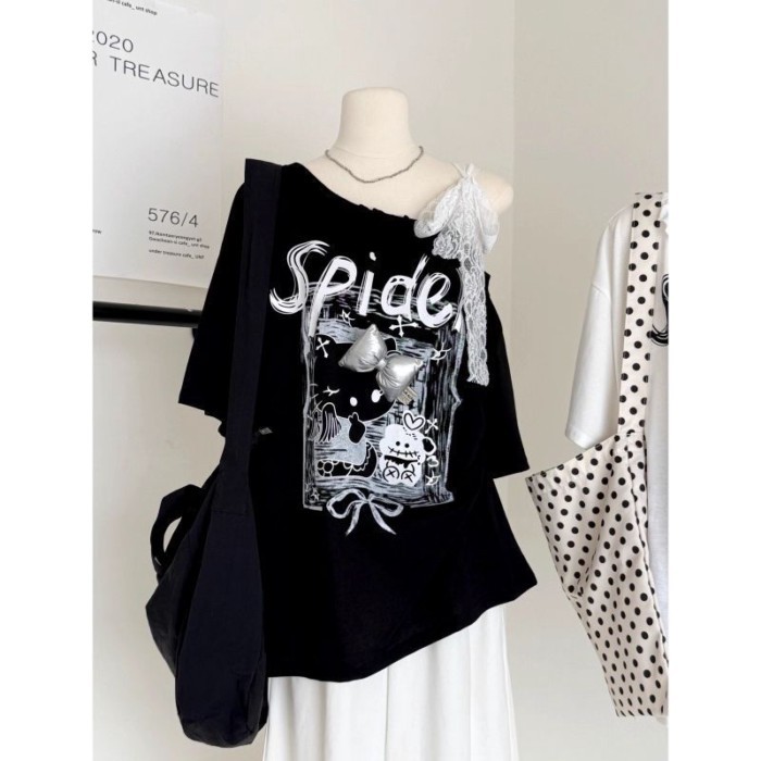 American Sweet And Cool Black Lace Straps Slanted Shoulder Short-sleeved Women's Summer Loose