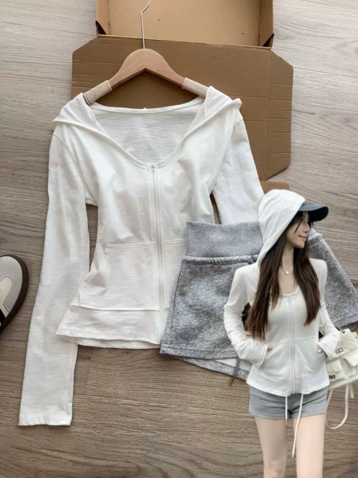 Thiết Kế Cổ Chữ V Ôm Vừa Vặn Nguyên Chất Cotton Dài Tay Cardigan Nữ Đầu Thu Thời Trang Mới Ôm