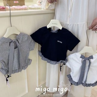 Phong cách Hàn Quốc bé gái mùa hè ren nối áo bé gái nơ sau lưng áo thun ngắn tay nguyên chất cotton
