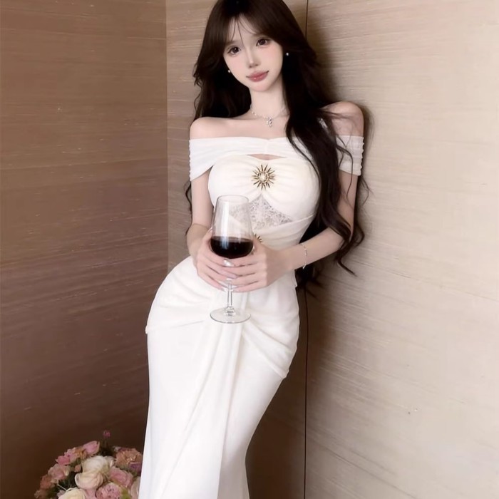 Unique And Beautiful Solid Color One-shoulder Dress For Women Summer High-end Sexy Birthday F
