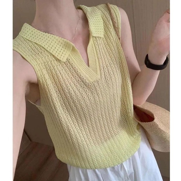 hoa hồng màu hồng cổ polo băng lụa áo vest nữ mùa hè dáng rộng ngắn dệt kim áo thun không tay có