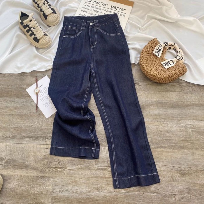 Quần jean ống rộng dành cho nữ mới cỡ lớn da thương hiệu thiết kế denim màu xanh lưng cao dài