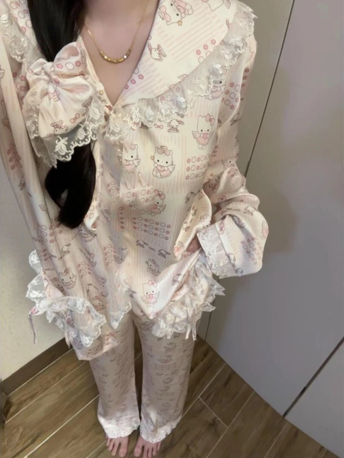 Bộ Đồ Ngủ Nữ Ice Silk Sweet Hello Kitty Tay Dài Quần Dài Thoải Mái Sinh Viên Ở Nhà Bộ Quần Áo