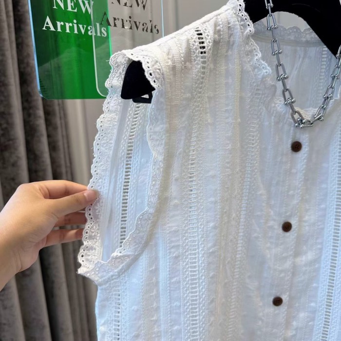 Áo Sơ Mi Nữ Mùa Hè Mới Tính Khí Pháp Plus Size Nữ Rỗng Áo Sơ Mi Ren Áo Không Tay Đa Năng