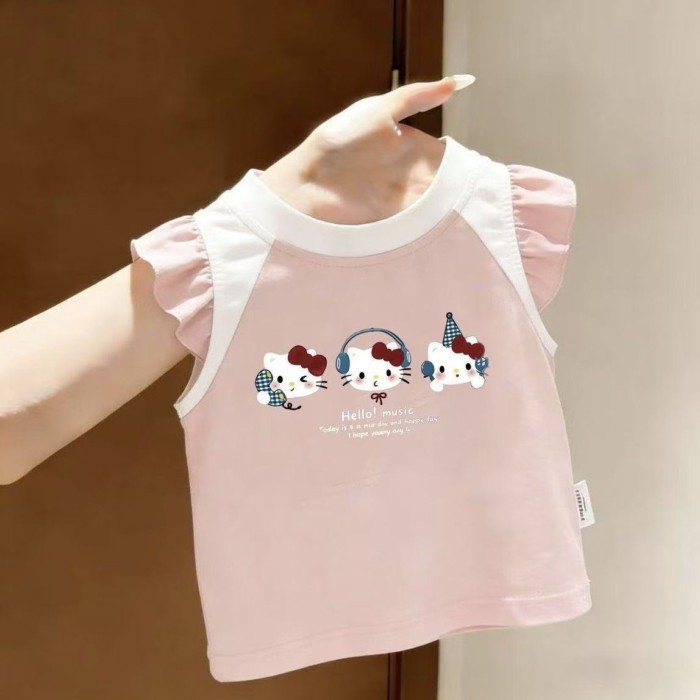 Summer New Style Girls Pure Cotton Cartoon Style T-shirt Children's Cute Sleeveless Printed V