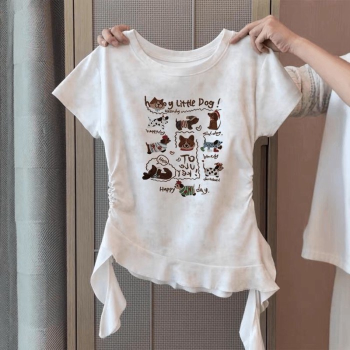 Áo thun ngắn tay in hình mèo cho trẻ em từ tuổi trở lên mùa hè mới kiểu cà vạt xếp nếp không đều