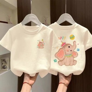 Áo thun cotton ngắn tay mùa hè hoạt hình hình con voi cho bé trai và bé gái với áo nửa tay rộn