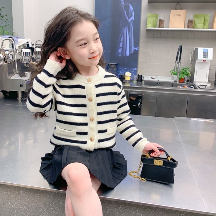 Áo len dệt kim cardigan bé gái Hàn Quốc xuân thu mới phong cách Hàn Quốc áo len sọc dài tay dành