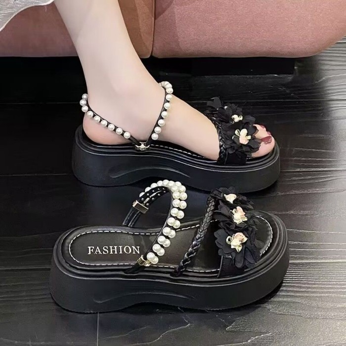 Giày sandal hai đế đế dày họa tiết hoa và váy ngọc trai cổ tích dành cho nữ