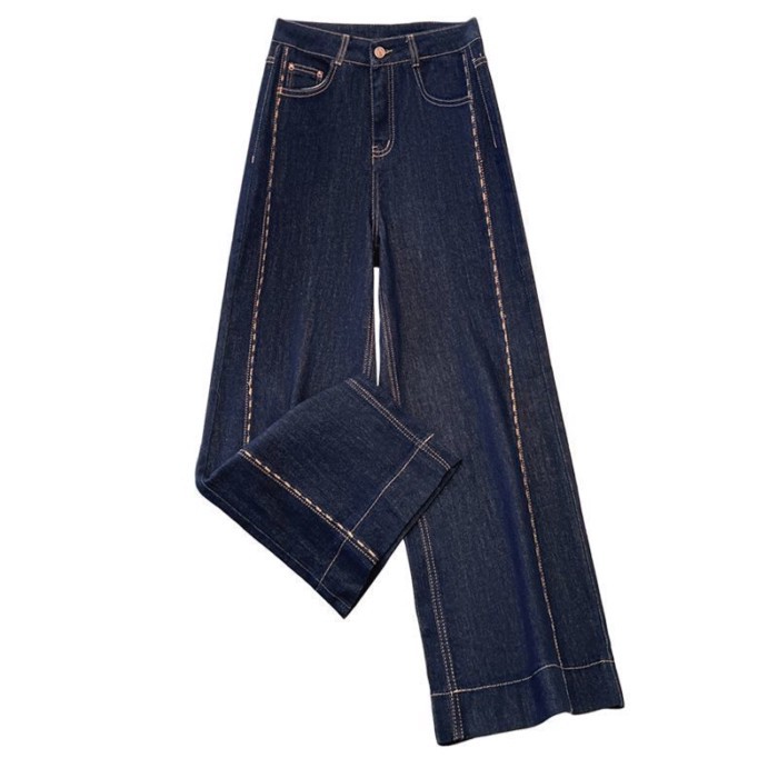 Quần jeans ống đứng màu xanh denim thêu nữ Quần ống rộng Quần chín điểm