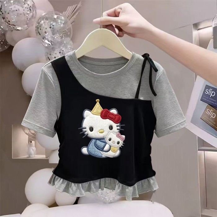 bé gái mới cổ tròn phong cách Hàn Quốc giả hai mảnh ngắn tay áo sơ mi đáy vừa và lớn mới cho trẻ