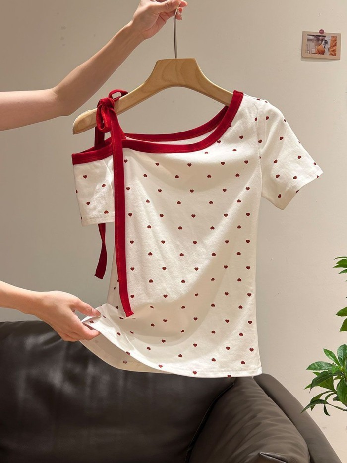 Korean Style Red Love Polka Dot Oblique Shoulder Off-shoulder Short-sleeved T-shirt For Women