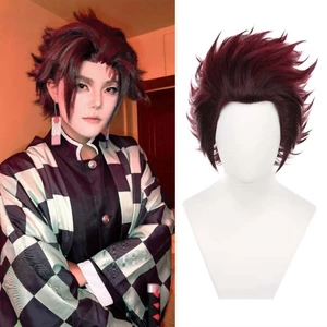 Anime Demon Slayer Cổng Bếp Tanjiro Burgundy Gradient Ngược Tóc Giả Lưới Hoa Hồng Halloween Giáng Sinh COS