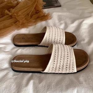 Xiaoxiangfeng Casual Woven Flat Sandals For Women Summer Outerwear Beach Vacation Flip-flops
