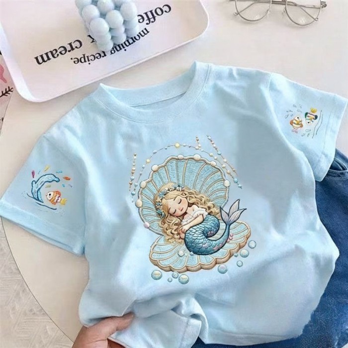 Summer Cartoon Creative Mermaid Imitation Embroidery Printed Short-Sleeved Girls Cute All-Matc